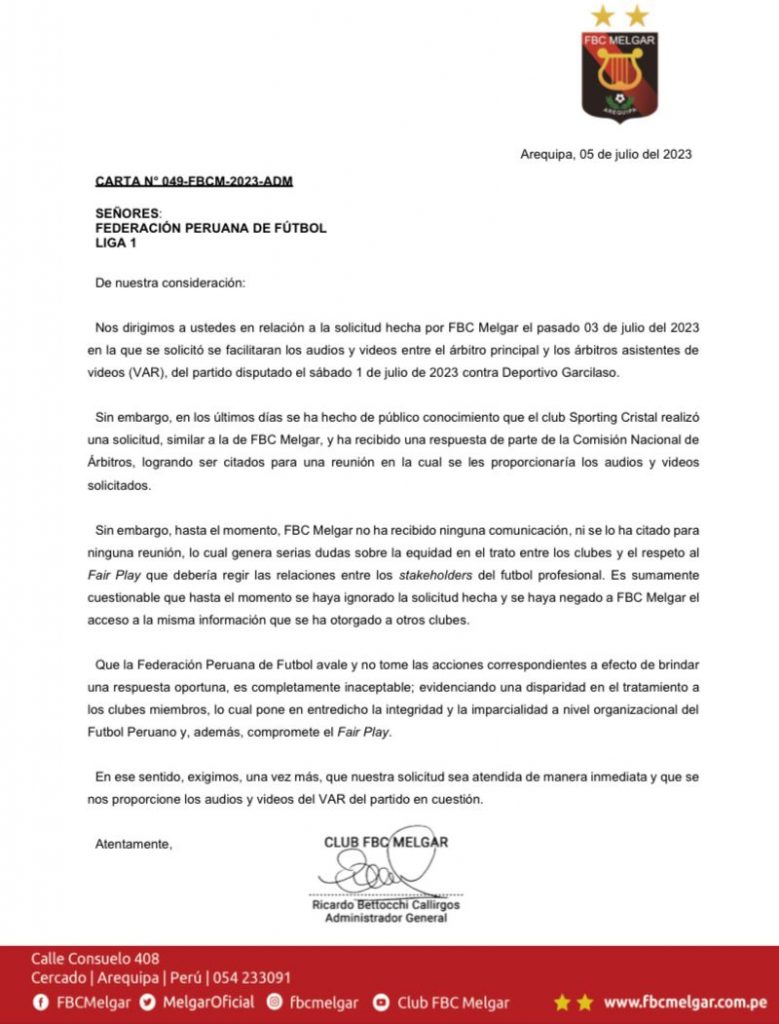 Carta de FBC Melgar a la FPF sobre los audios del VAR del encuentro ante Deportivo Garcilaso.