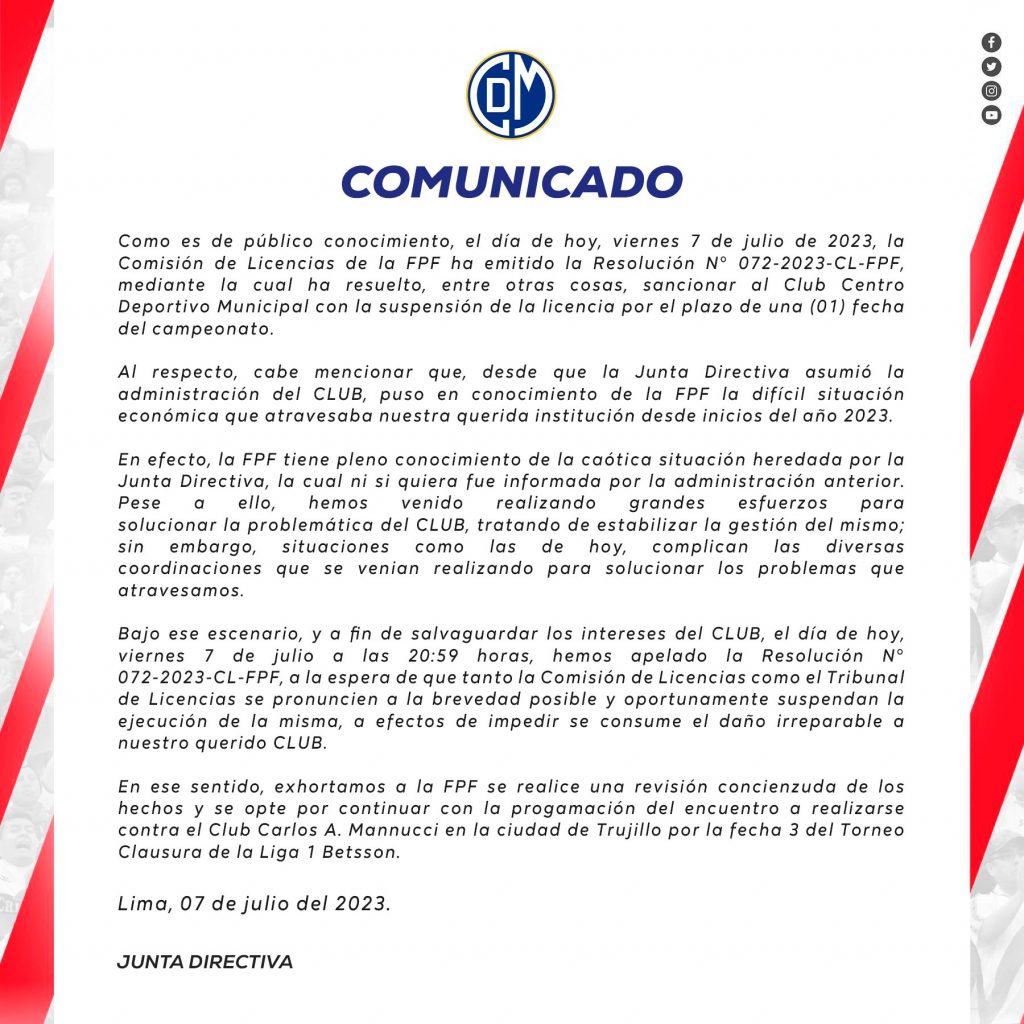 Comunicado de Deportivo Municipal sobre la situación actual del club.