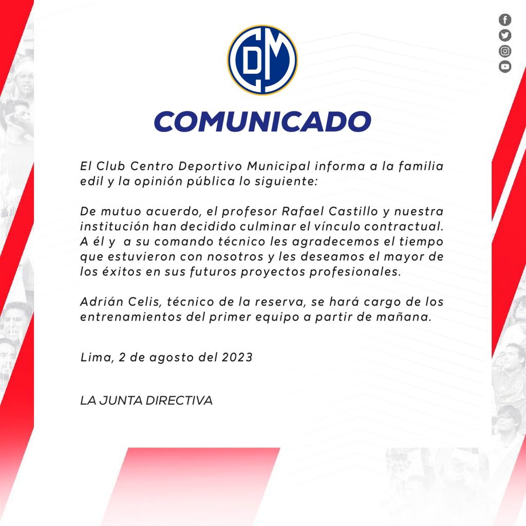 Anuncio oficial de DEportivo Municipal sobre la salida de 'Rafo' Castillo.